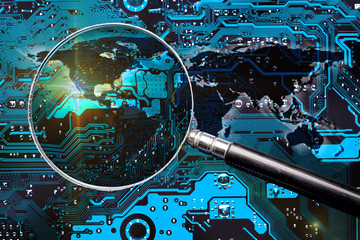 Blue circuit board, world map and magnifier glass. Investigation for global cybersecurity. Elements of this image furnished by NASA.