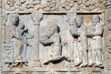 Birth of Jesus, Adoration of the Magi, medieval relief on the facade of Basilica of San Zeno in...