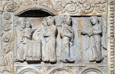 Presentation of Jesus in the Temple and angel appeared to Joseph in a dream to tell him to flee to Egypt, medieval relief on the facade of Basilica of San Zeno in Verona
