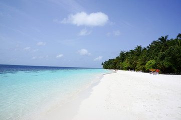 Snow-white beach, stretching into the distance. Maldives.