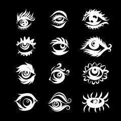 Collection of Hand Drawn Different Eyes Icons. Monochrome Drawing Elements Isolated on Black