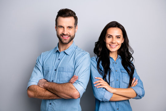 Portrait of charming charismatic freelancers entrepreneurs ready to solve business work problems take decisions. Wearing blue denim jackets isolated on ashy-gray background