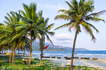 Fototapeta na wymiar Coconut palm trees at the beach, DaNang, Vietnam. Blue fishing boats at the send. Colorful horizontal image.