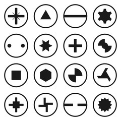 Head bolt and screw icon set isolated on white background. Top view metallic threaded fastener, equipment for work and industry. Vector illustration