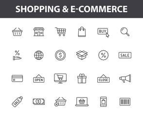 Set of 24 E-commerce and shopping web icons in line style. Mobile Shop, Digital marketing, Bank Card, Gifts. Vector illustration.