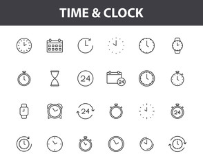 Set of 24 Time and clock web icons in line style. Timer, Speed, Alarm, Calendar. Vector illustration.