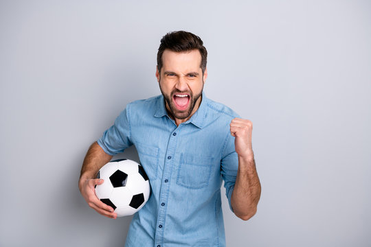 Close Up Photo Macho He Him His Gentleman Guy Hold Football Leather Ball Watch Match Game True Fan Yelling Loud Amazed Wear Casual Jeans Denim Shirts Outfit Clothes Isolated Light Grey Background