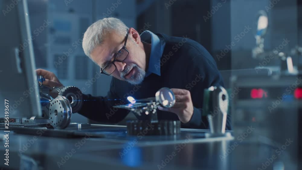 Leinwandbilder portrait of focused middle aged engineer in glasses working with high precision laser equipment, usi