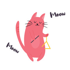 Funny cat playing triangle. Vector illustration