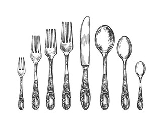 Vintage art nouveau sketch spoon, fork, knife