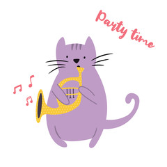 Funny cat playing horn. Vector illustration