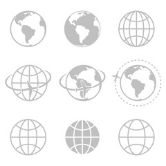 Globe and earth planet black icon set. Spherical rounded object. Vector line art illustration isolated on white background