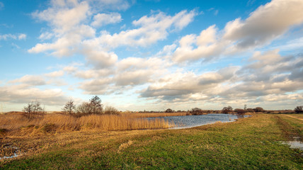 Picturesque Dutch polder landscape with white clouds against a blue sky