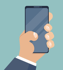 Smartphone in hand. Mobile phone holding in businessman hands. Cartoon style. Smart cellphone digital display. Smartphone in hand for your application,  flat style, cartoon hand and phone. Vector 