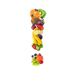 Exclamation mark made of different fruits and berries, fruit alphabet isolated on white background