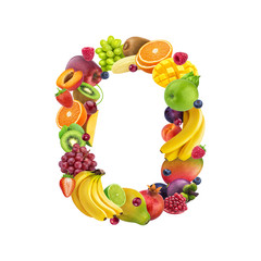 Number zero made of different fruits and berries, fruit alphabet isolated on white background