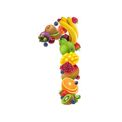 Number one made of different fruits and berries, fruit alphabet isolated on white background