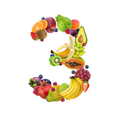 Number three made of different fruits and berries, fruit alphabet isolated on white background