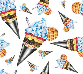 Vector watercolor ice cream vanilla with waffle and chocolate isolated on white. Watercolor illustration vector pattern seamless
