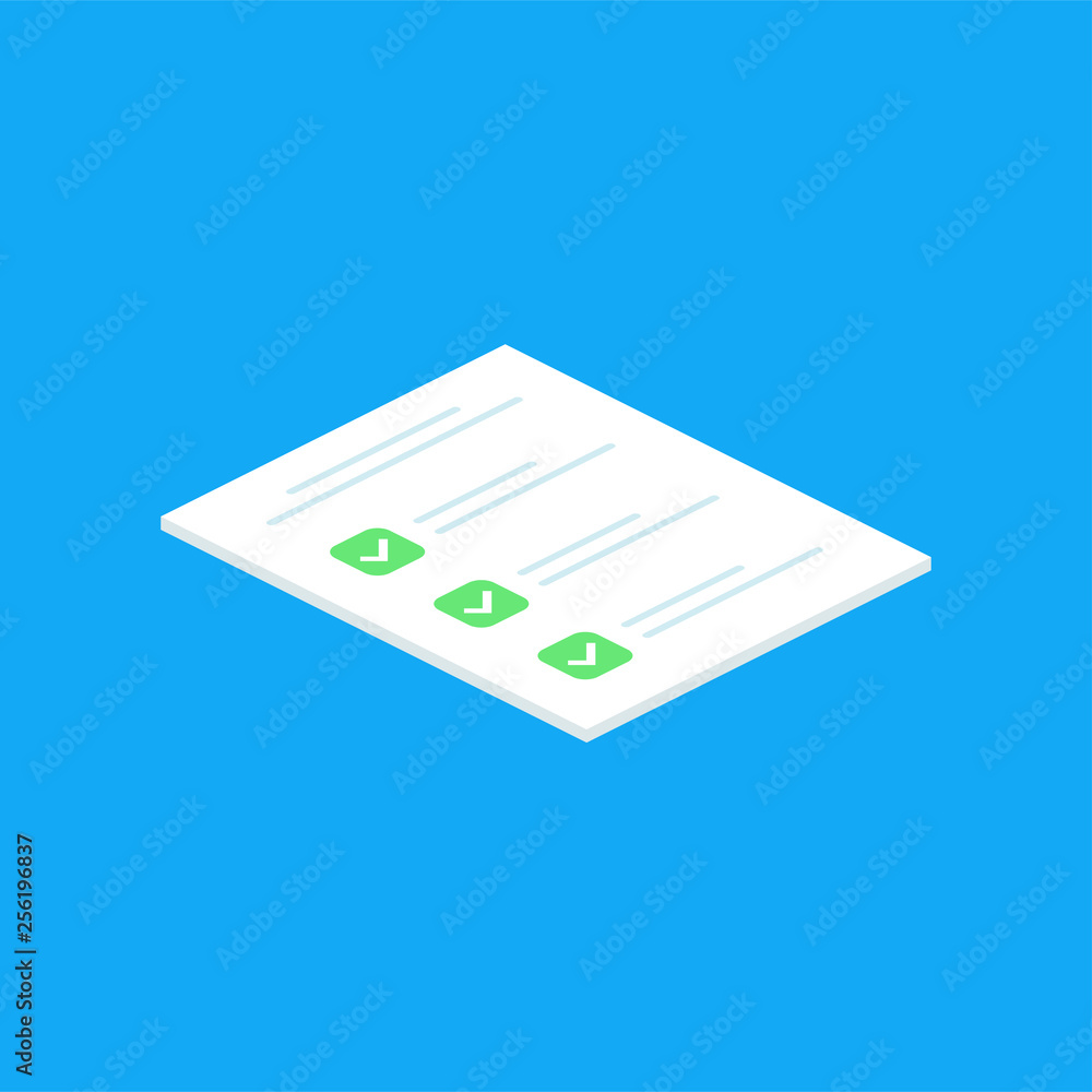 Poster isometric checklist icon. checklist complete tasks, to-do list, survey, exam concepts. best quality.