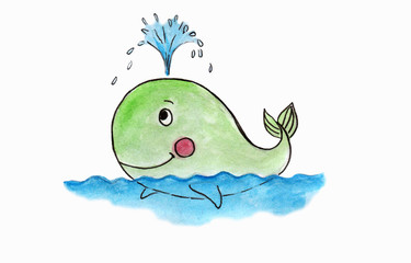 The cheerful green whale lets the fountain and swims in the blue water
