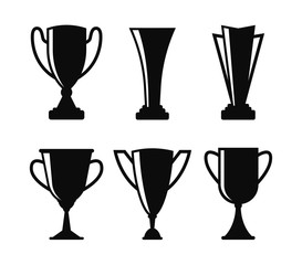 Black cup icon set. Black trophy. Prize cup. Winners cup. Collection of different golden cup. First place. Vector illustration.