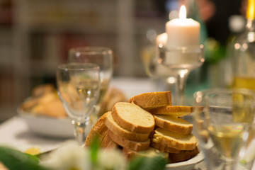 Crispy crunchy bread croutons for foie gras on a table for christmas dinner