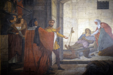 Saint Roch expired in a Montpellier prison, by Abel de Pujol, fresco in the Saint Sulpice Church,...