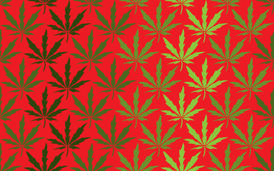 Cannabis leaves seamless pattern on red background