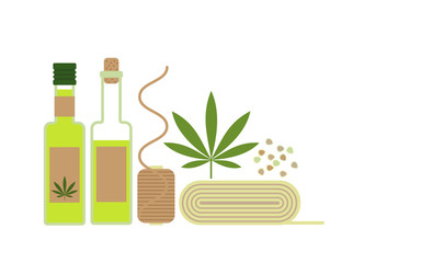 Hemp products concept. Oil, cloth and seeds of cannabis