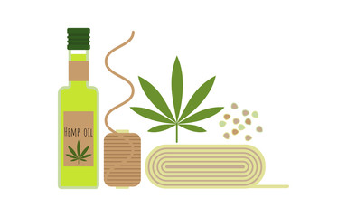 Hemp products concept. Oil, cloth and seeds of cannabis