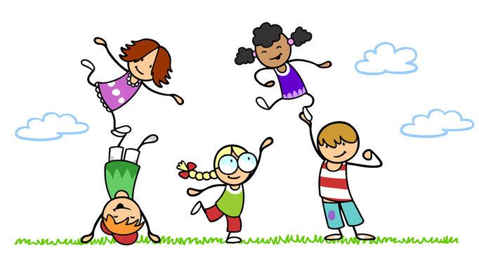 Viele Kinder turnen und spielen auf Wiese