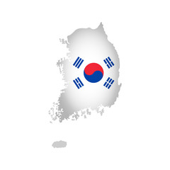 Vector isolated simplified illustration icon with silhouette of South Korea map. National flag. White background