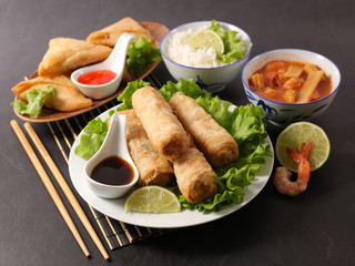 asian food selection, spring roll, dumpling,fried noodles
