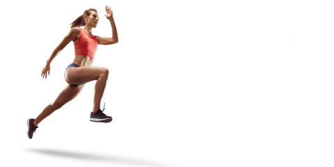 Isolated Female athletes sprinting. Women on white background in sport clothes run