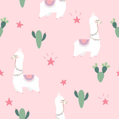 Seamless pattern with cute Alpacas and Cactus.