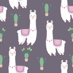 Seamless pattern with cute Alpacas and Cactus. © yuthana Choradet