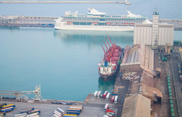 Top view of a cargo ship in an industrial harbor in Barcelona, Spain
