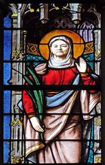 Saint martyr, stained glass window in Saint Severin church in Paris, France 