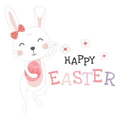 Easter greeting card template with funny adorable bunny or rabbit holding egg.