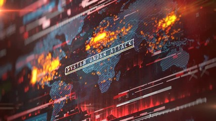 Global hacking attack, system down, security breach, map of hacking headquarters. Generic hacking attack all around the globe