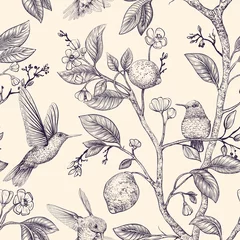 Behang Vintage stijl Vectorschetspatroon met vogels en bloemen. Kolibries en bloemen, retro stijl, natuur achtergrond. Vintage zwart-wit bloemontwerp voor inpakpapier, omslag, textiel, stof, behang