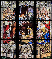 The death of Louis XIII in the presence of St Vincent de Paul, Anne of Austria, the future Louis XIV and Cardinal Mazarin, stained glass in St Severin church in Paris