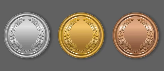 Fotobehang Gold, silver and bronze award medals with laurel wreath. Blank medals set. Blank of coins. Vector illustration. © VETOCHKA
