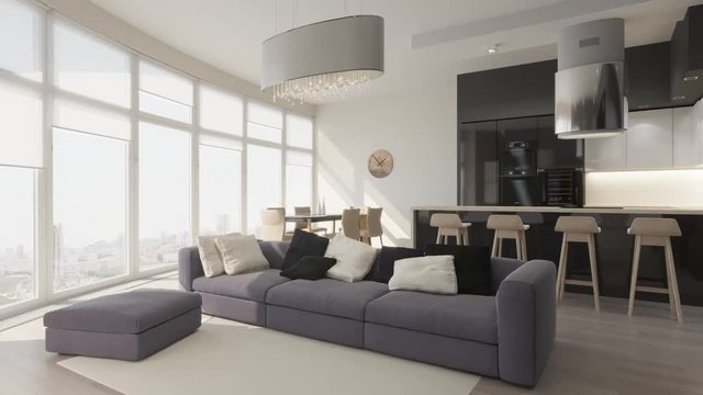 3D render circled the interior of the living room in a modern style