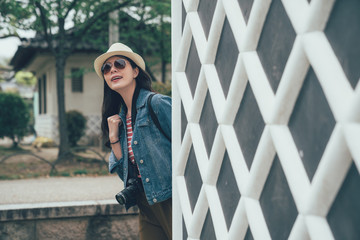 side view charming asian female traveler walking head pop out from diamond wall looking around...