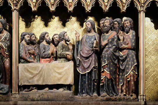 Intricately carved and painted frieze inside Notre Dame Cathedral depicting Appearance to the Apostles in Ascension Day, UNESCO World Heritage Site in Paris, France 