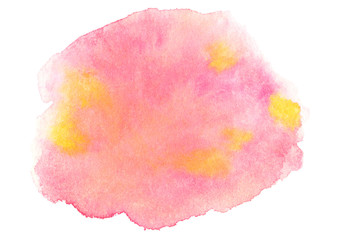 Watercolor hand drawn decorative textured spot in pink and yellow colors on white background