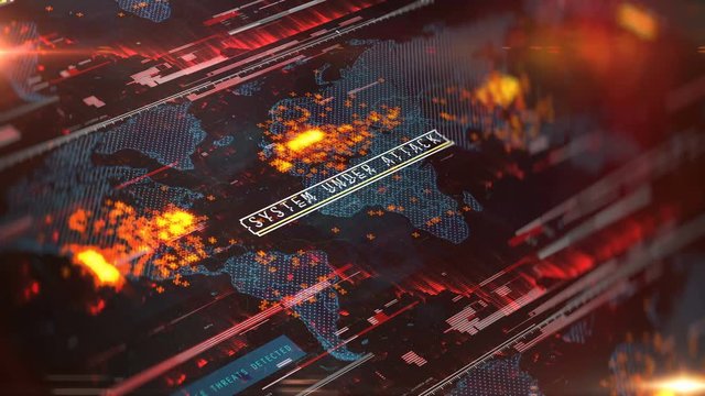 Map showing centers of computer virus outbreak, hacking attack, system down. Generic hacking attack all around the globe