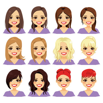 Set of woman character with different color hair and hairstyle